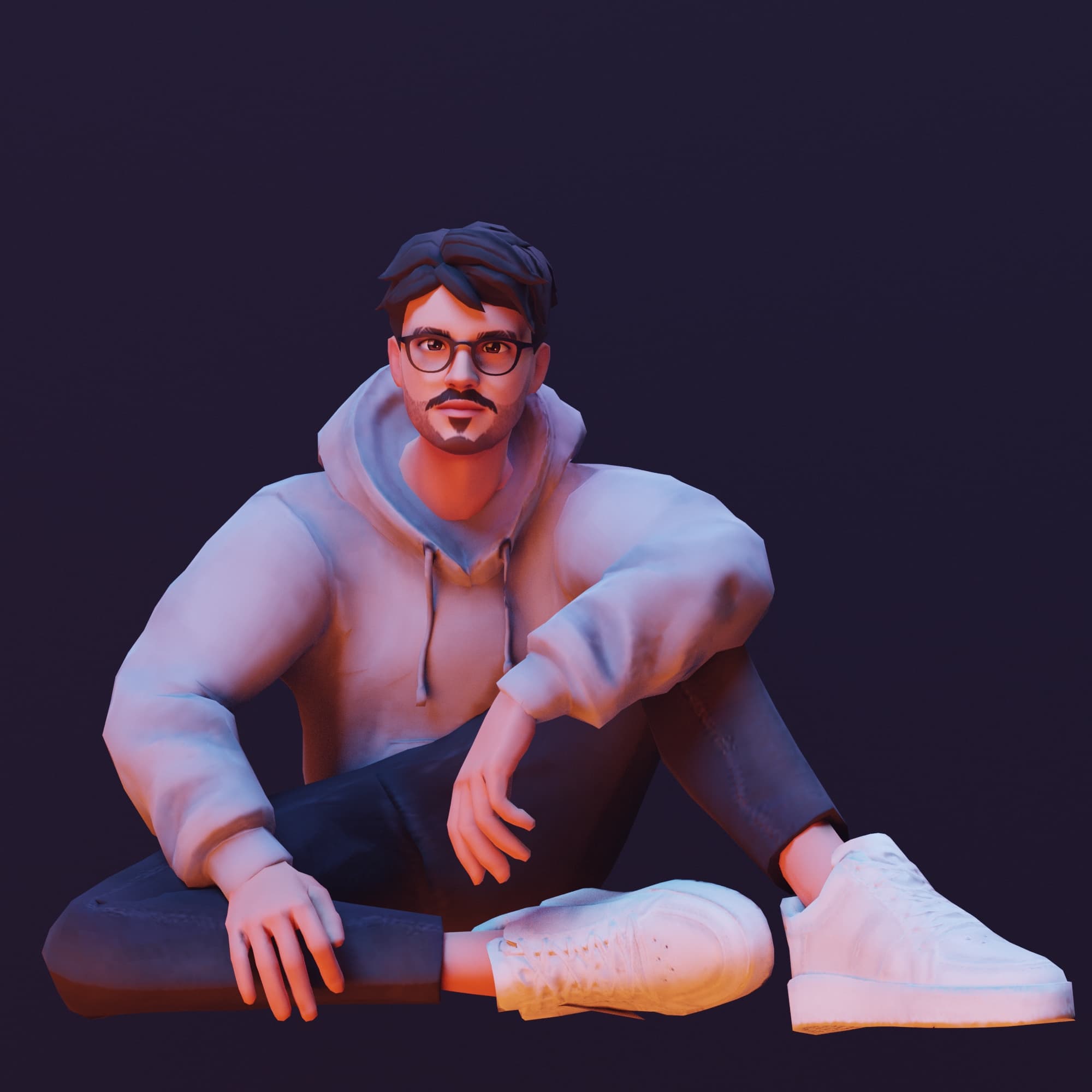 Ready Player Me avatar of Mario Nava seated in a stylized pose