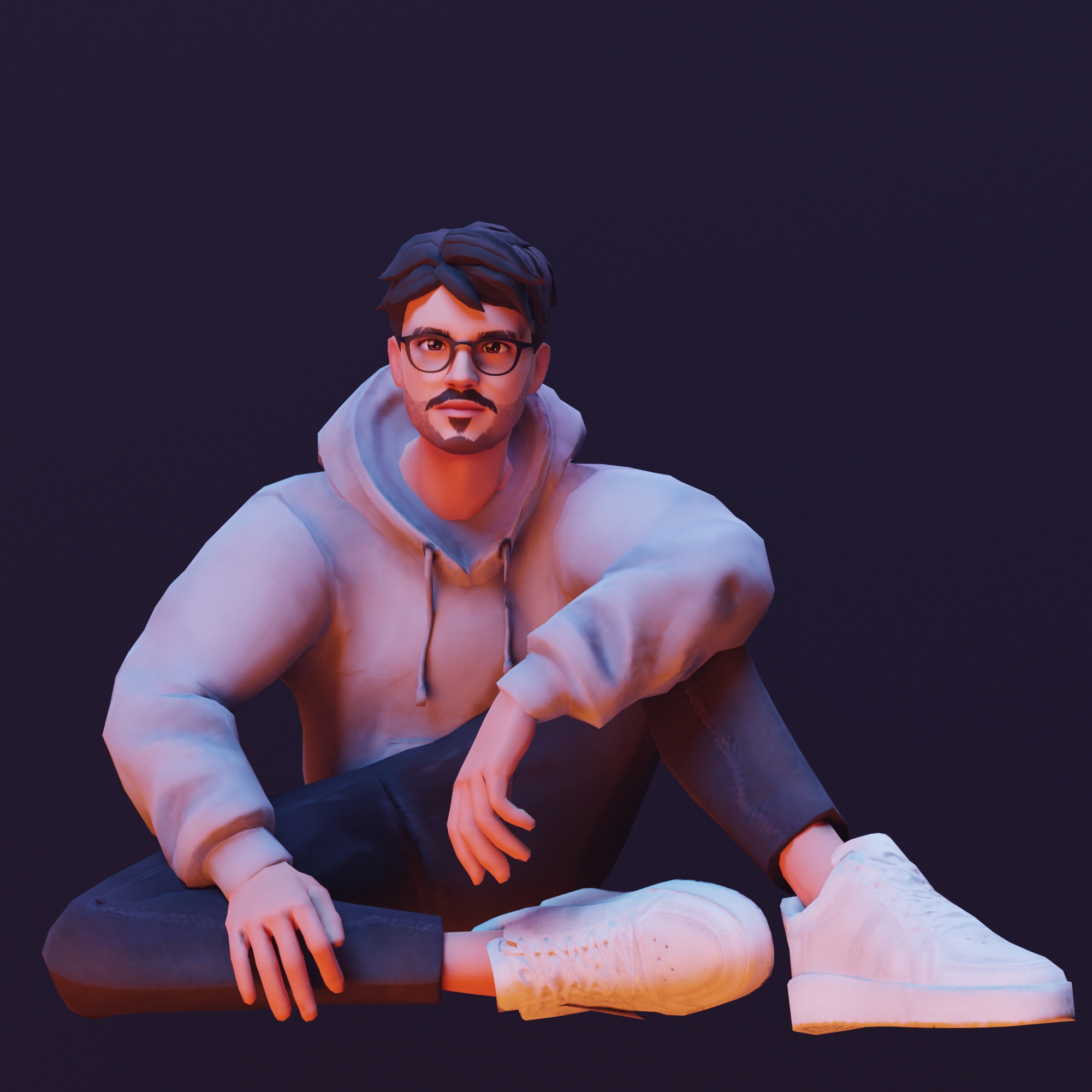Ready Player Me avatar of Mario Nava seated in a stylized pose